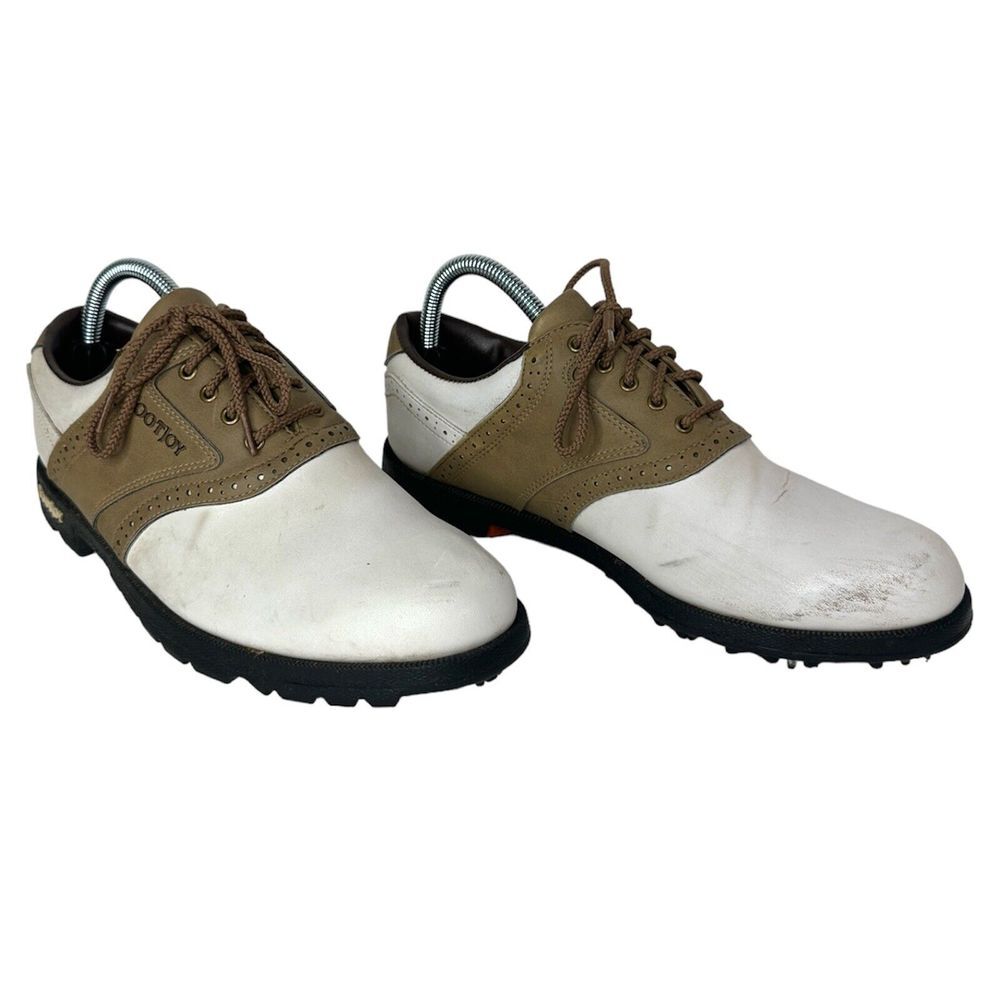 Footjoy Golf Shoes Men's 8 Greenjoys Cleats Lace Up Two Tone Oxford White Tan‎